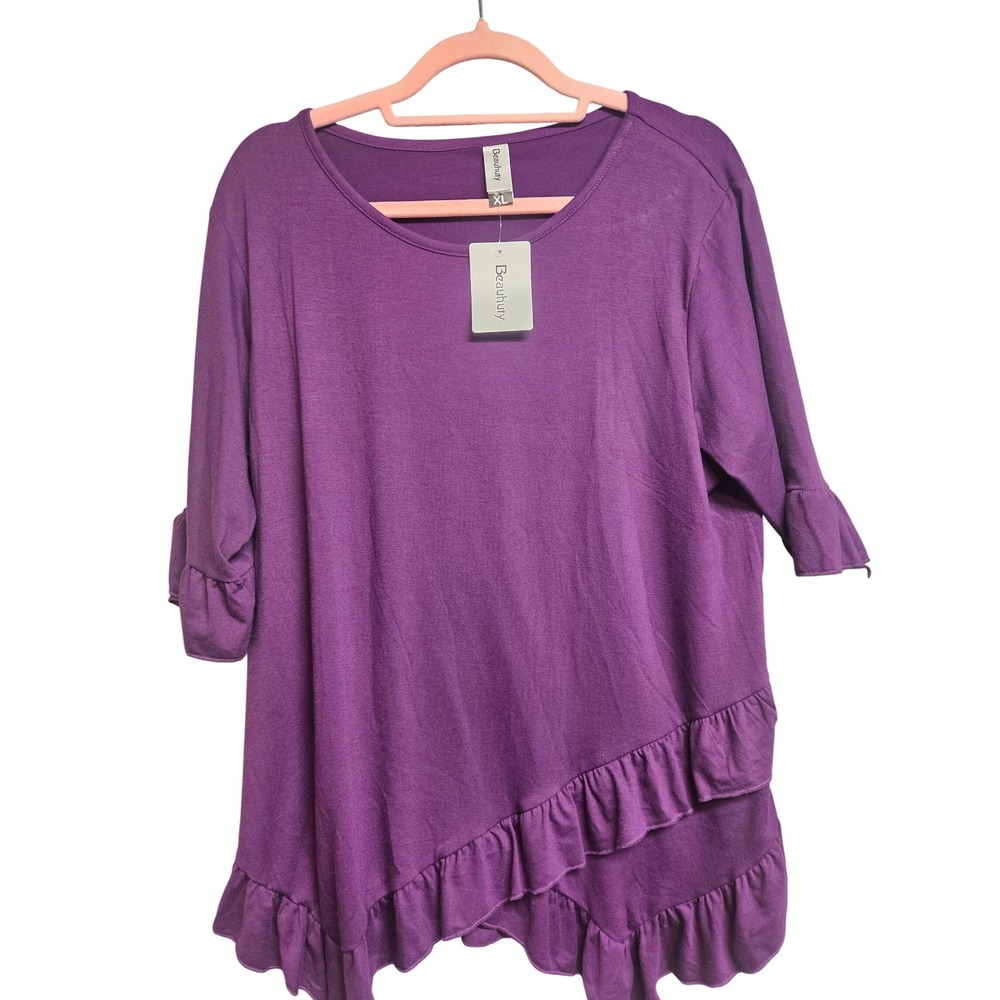Beauhuty Womens XL Purple Ruffle High Low Hem 3/4 Sleeve Asymmetrical Tunic Top